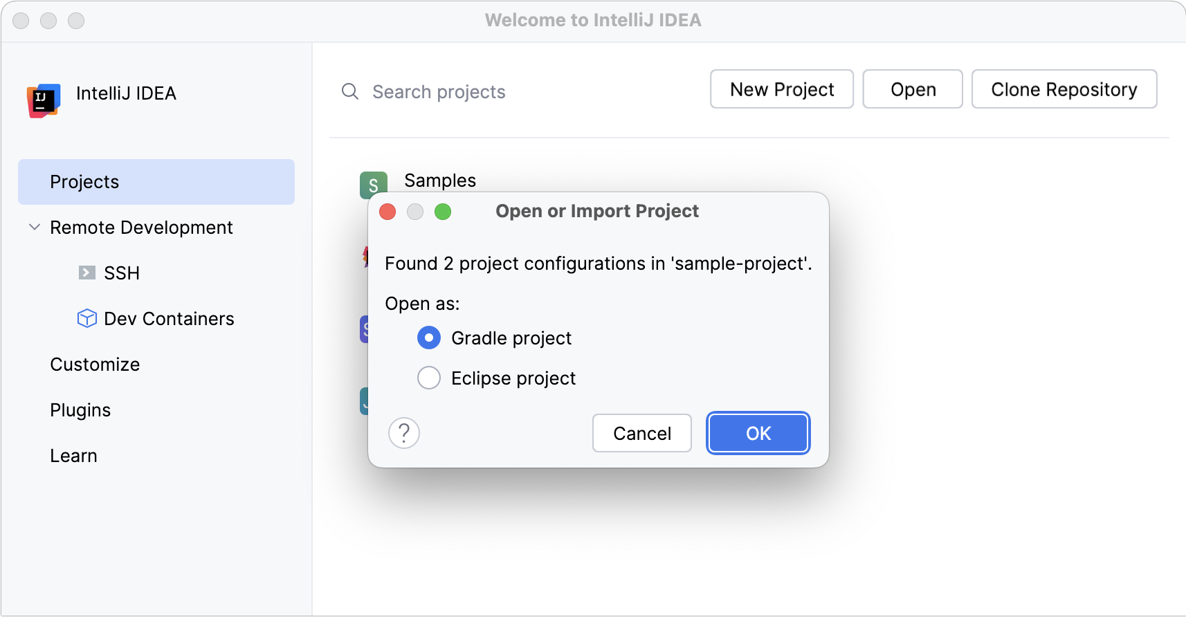 Dialog that prompts you to select how you want to import the project Dialog that prompts you to select how you want to import the project