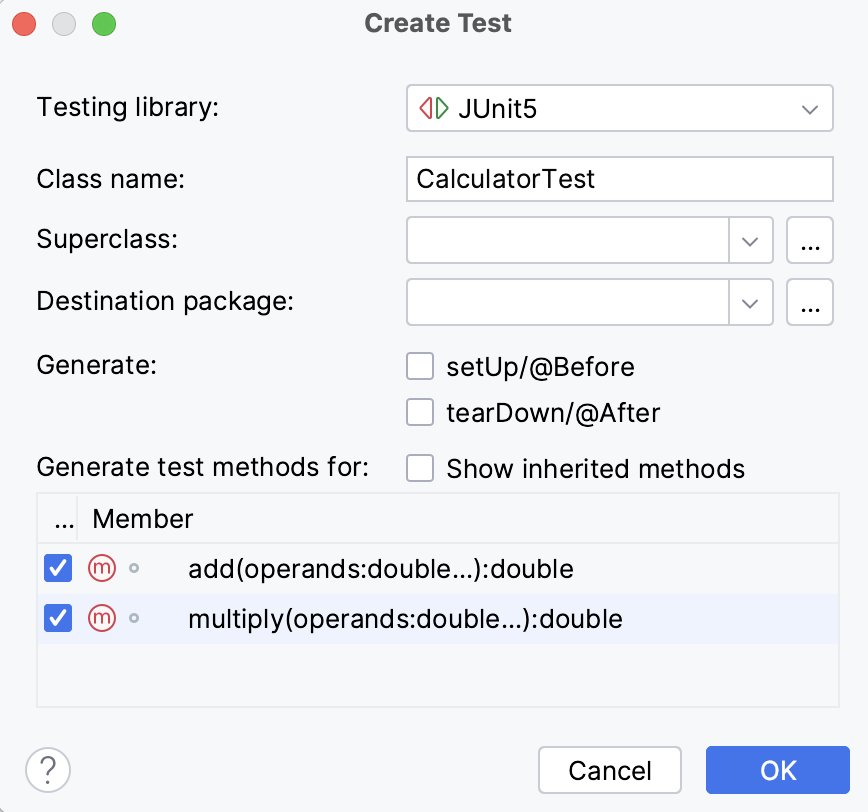 The Create Test dialog The Create Test dialog