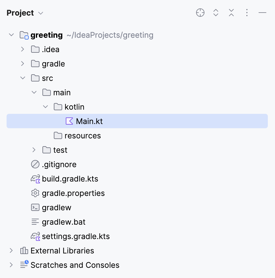 src/main/kotlin/main.kt in the Project tool window src/main/kotlin/main.kt in the Project tool window