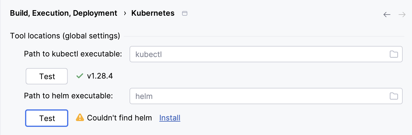 Kubernetes settings window Kubernetes settings window