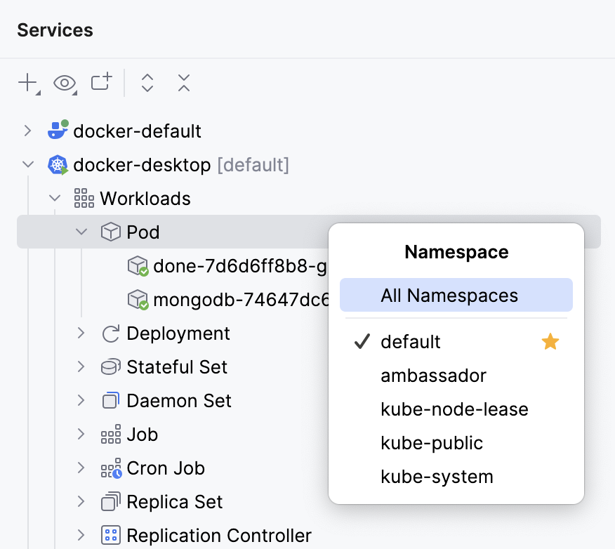 Namespaces context menu Namespaces context menu