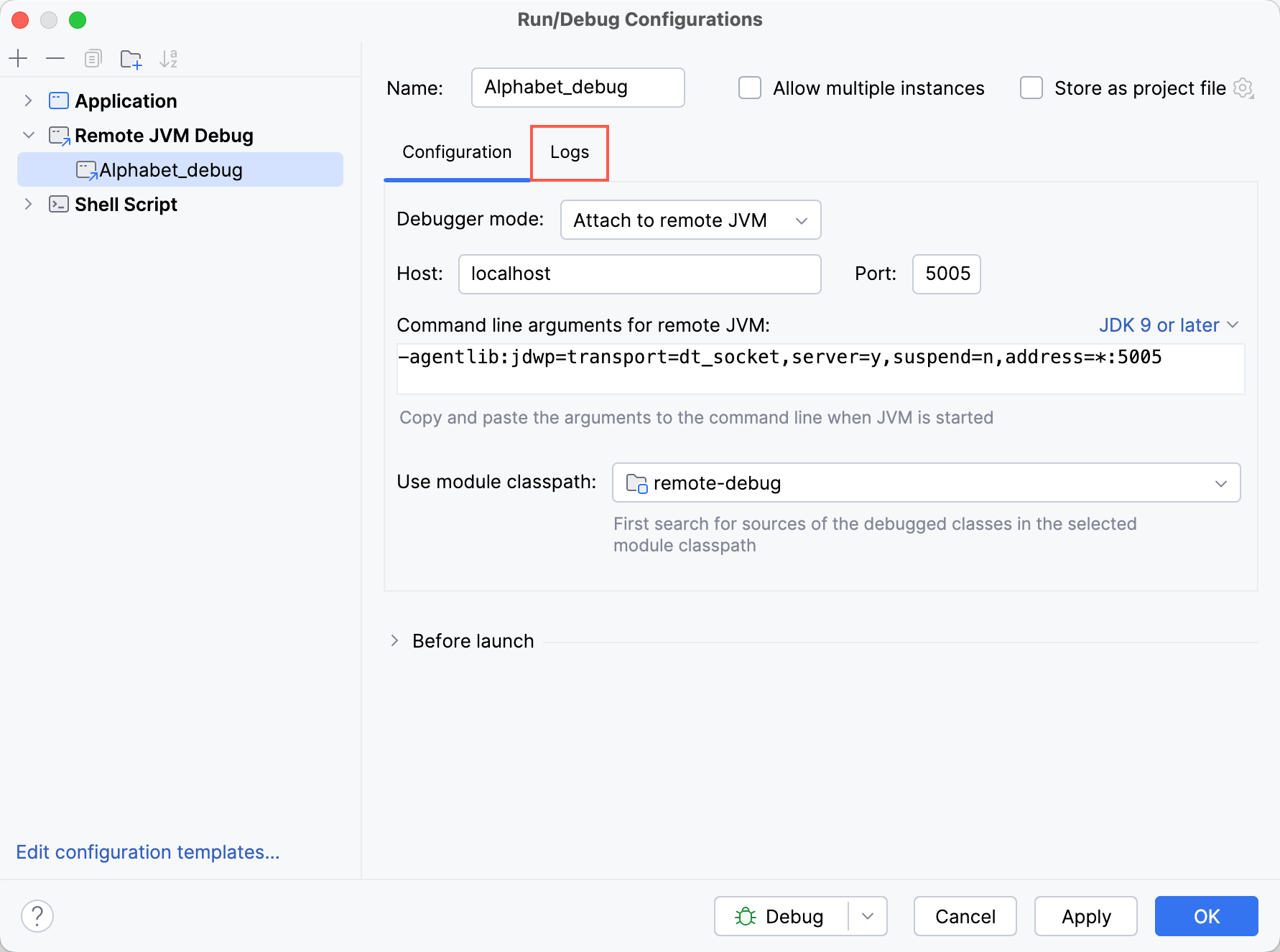 The 'Logs' tab in the 'Run/Debug Configurations' dialog The 'Logs' tab in the 'Run/Debug Configurations' dialog