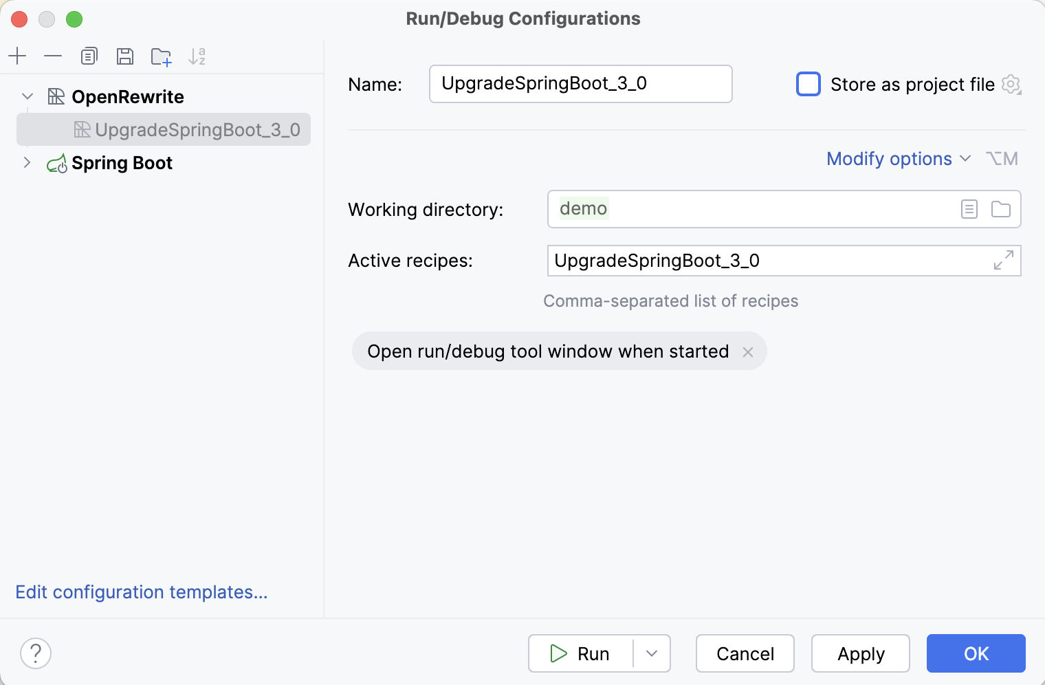 OpenRewrite run configuration OpenRewrite run configuration