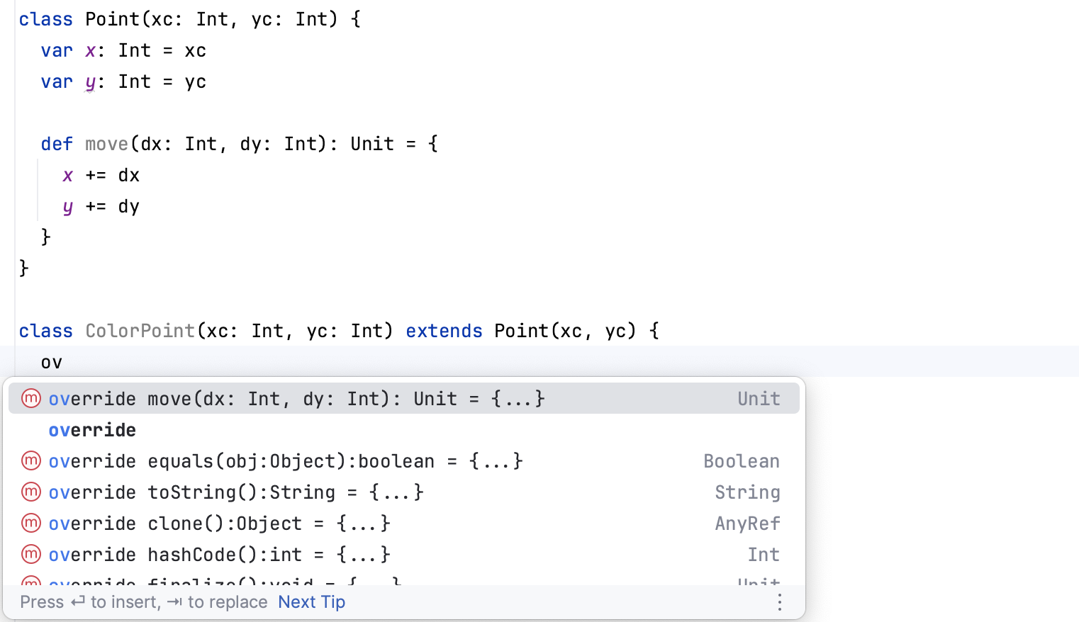Completion for the override action Completion for the override action