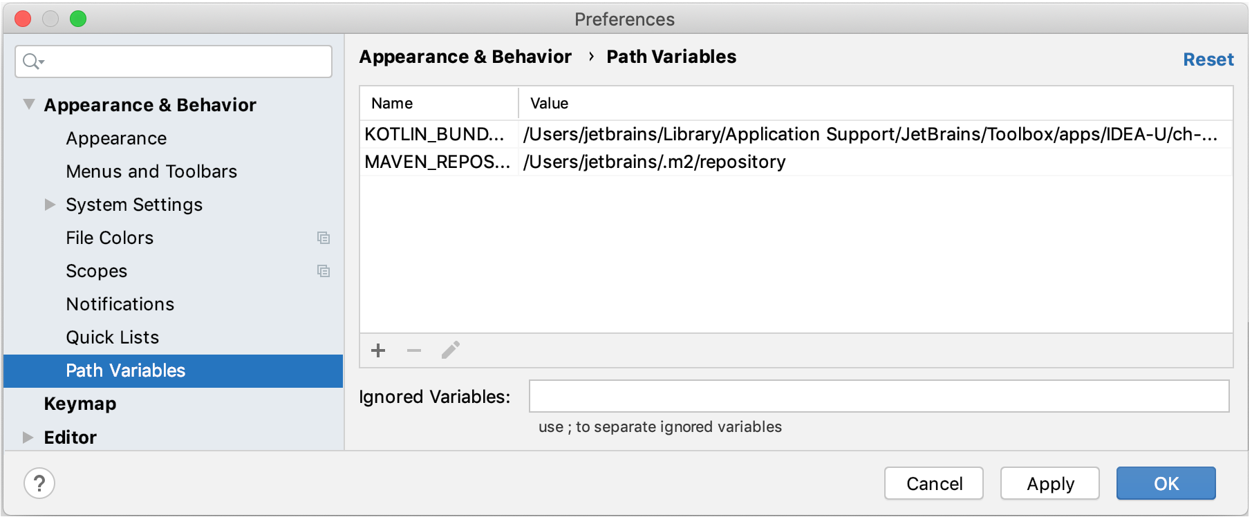 Path Variables dialog Path Variables dialog