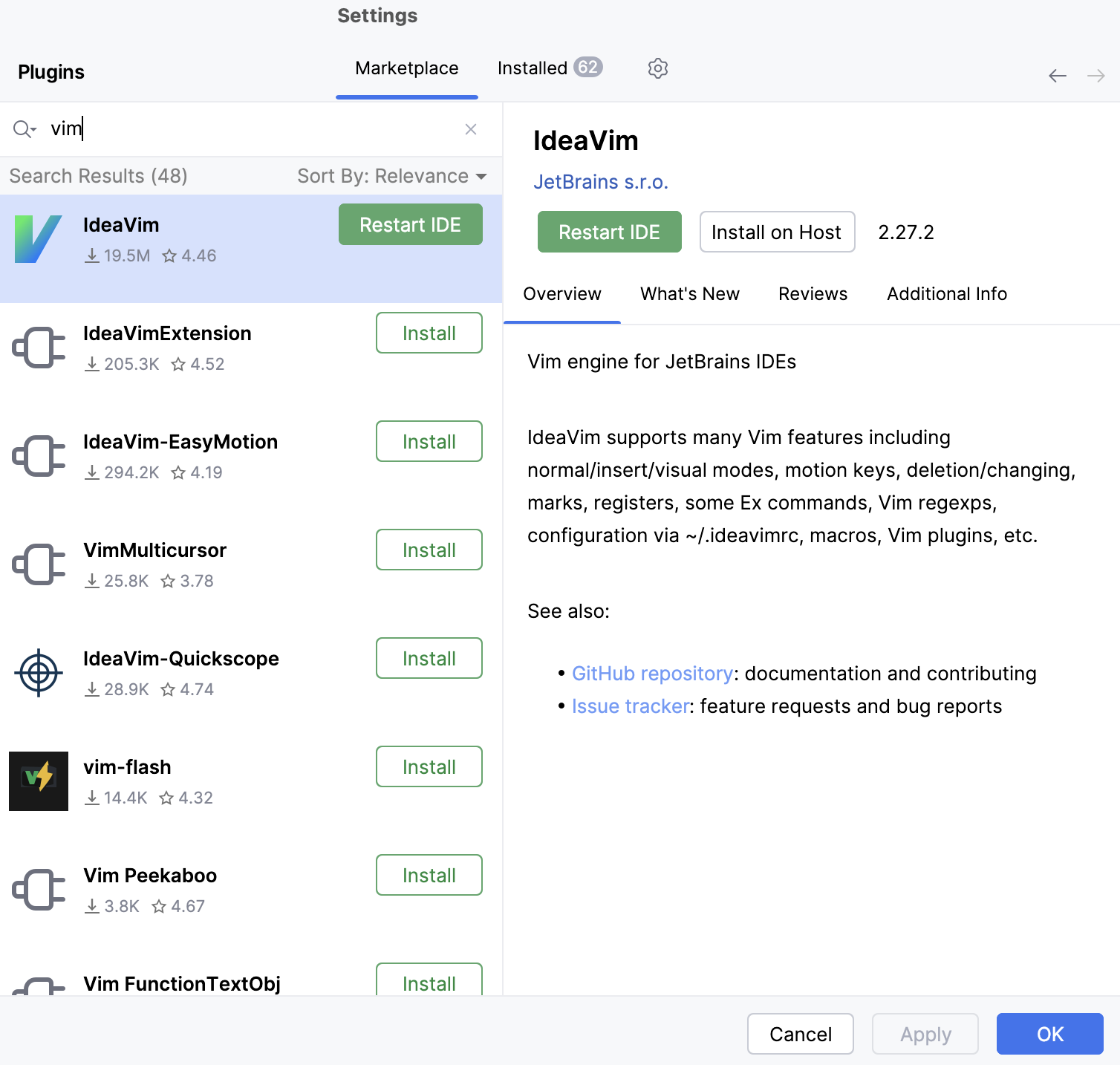 The Plugins settings dialog The Plugins settings dialog