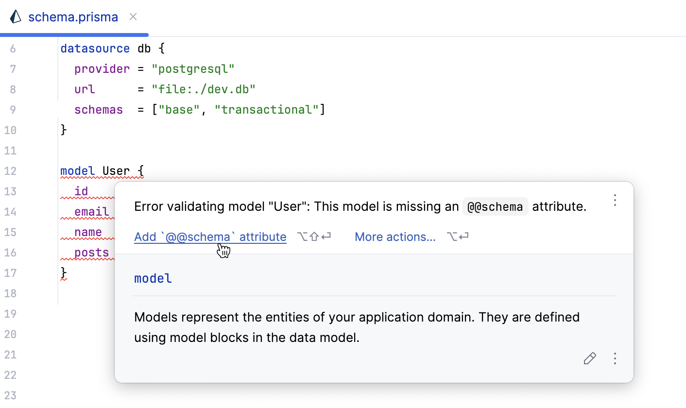Missing @@schema attribute - inspection and quick-fix