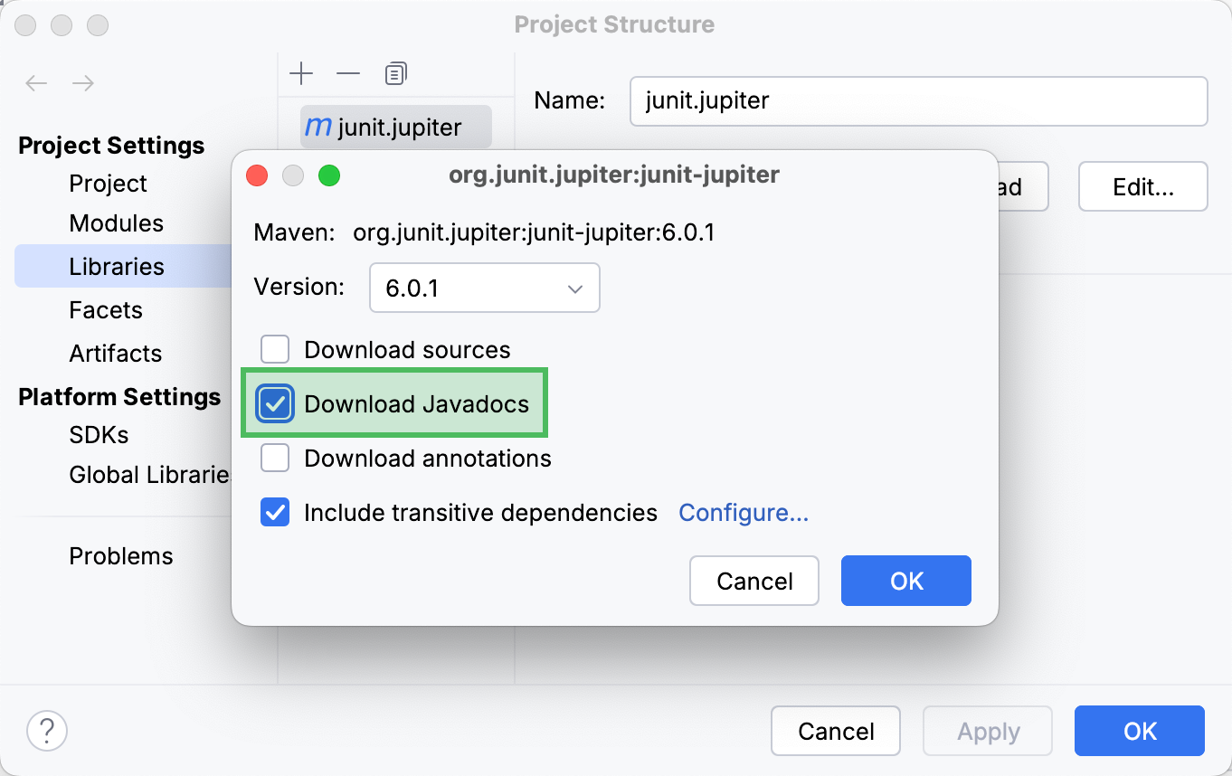 Location of the Download Javadocs checkbox
