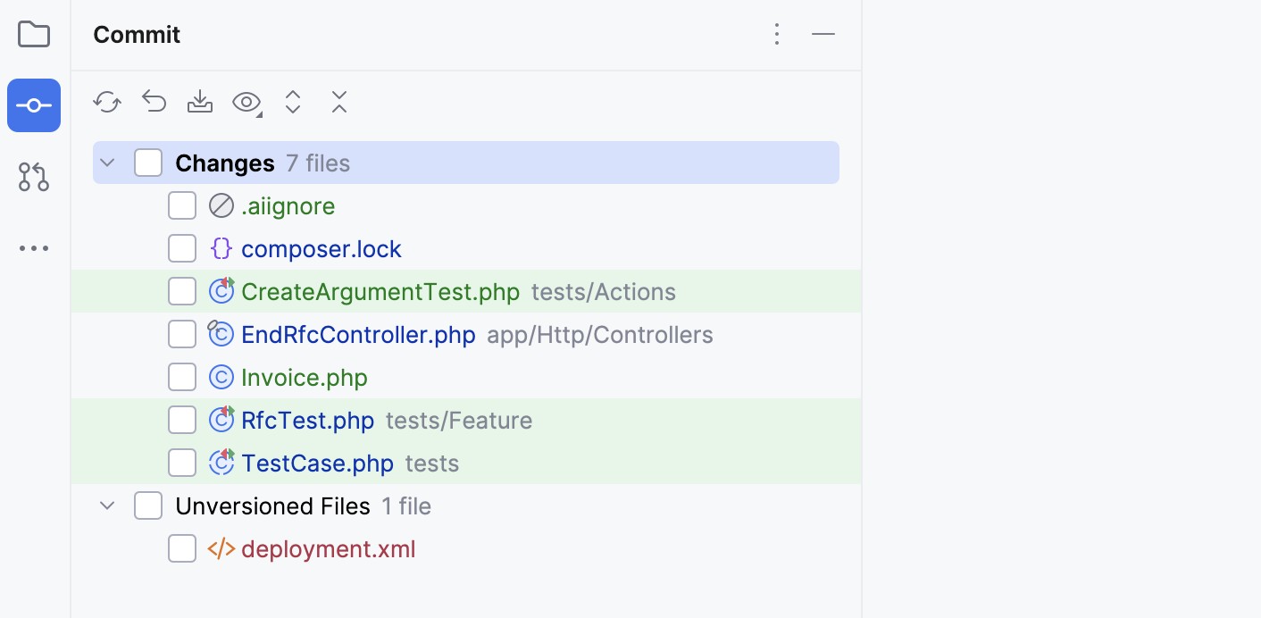 Files with various statuses in the Commit tool window Files with various statuses in the Commit tool window