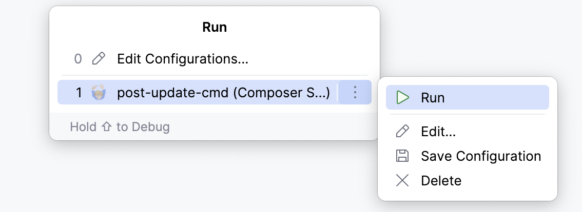 Run configuration popup Run configuration popup