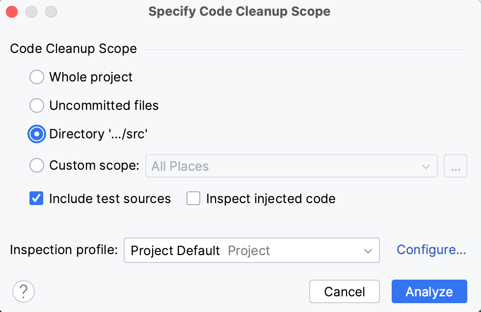 the Specify Code Cleanup Scope dialog the Specify Code Cleanup Scope dialog