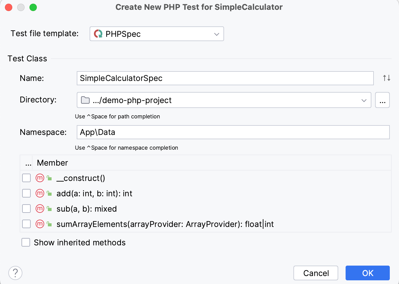 the Create new phpspec test dialog the Create new phpspec test dialog