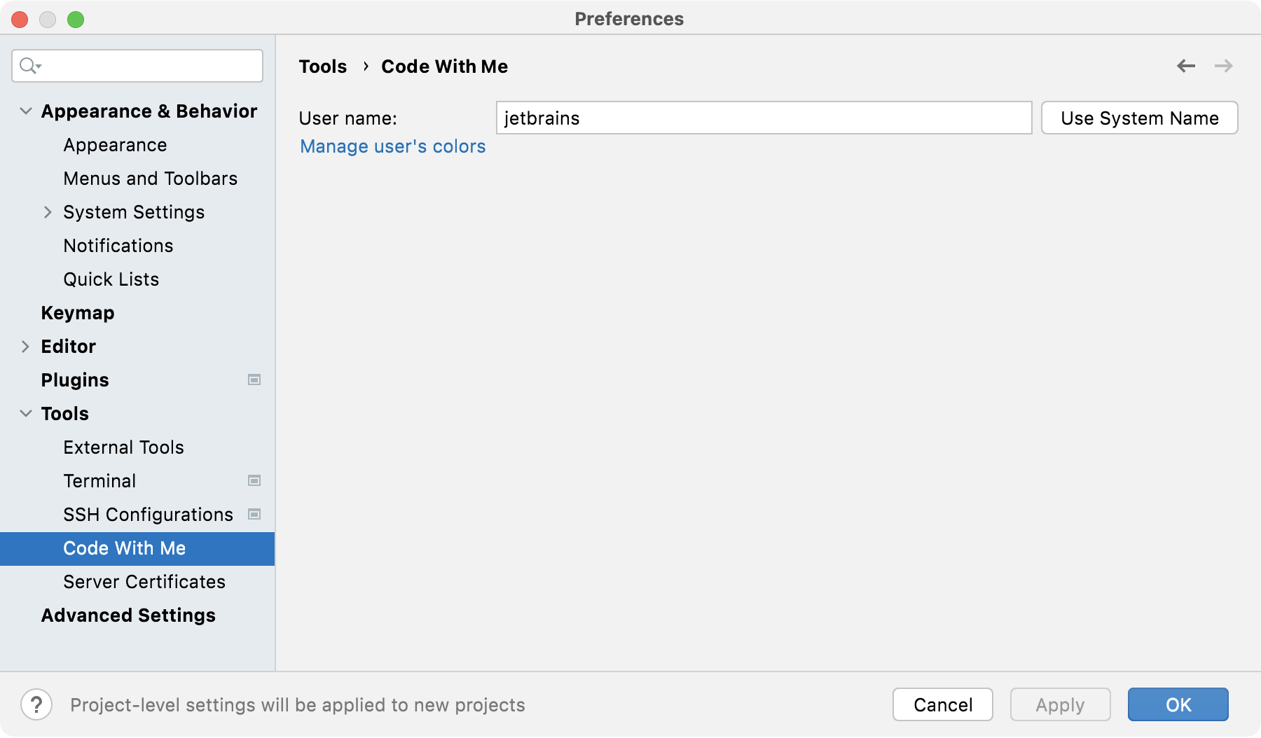 the Code With Me settings the Code With Me settings