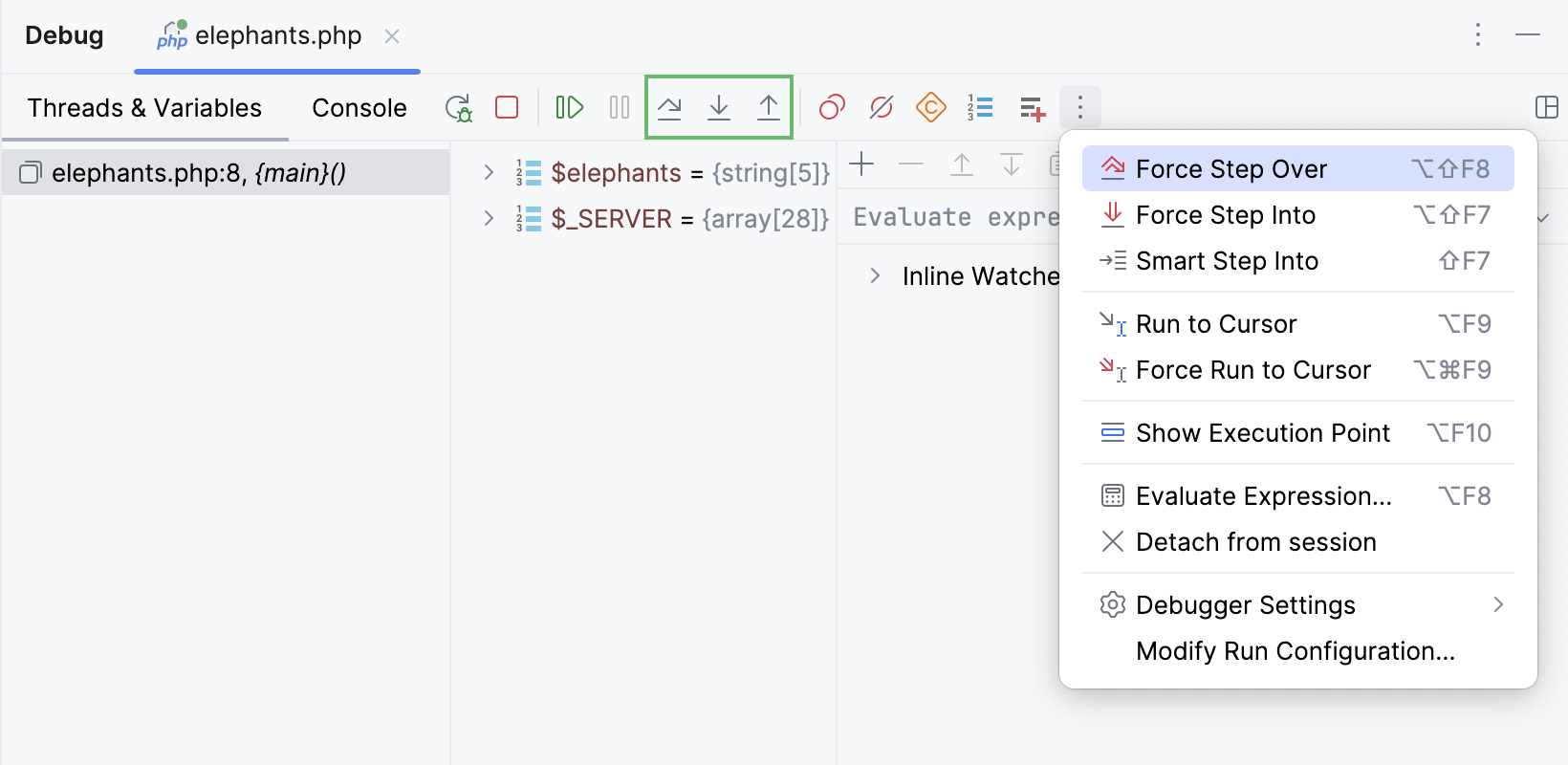 Stepping buttons in the Debug tool window Stepping buttons in the Debug tool window