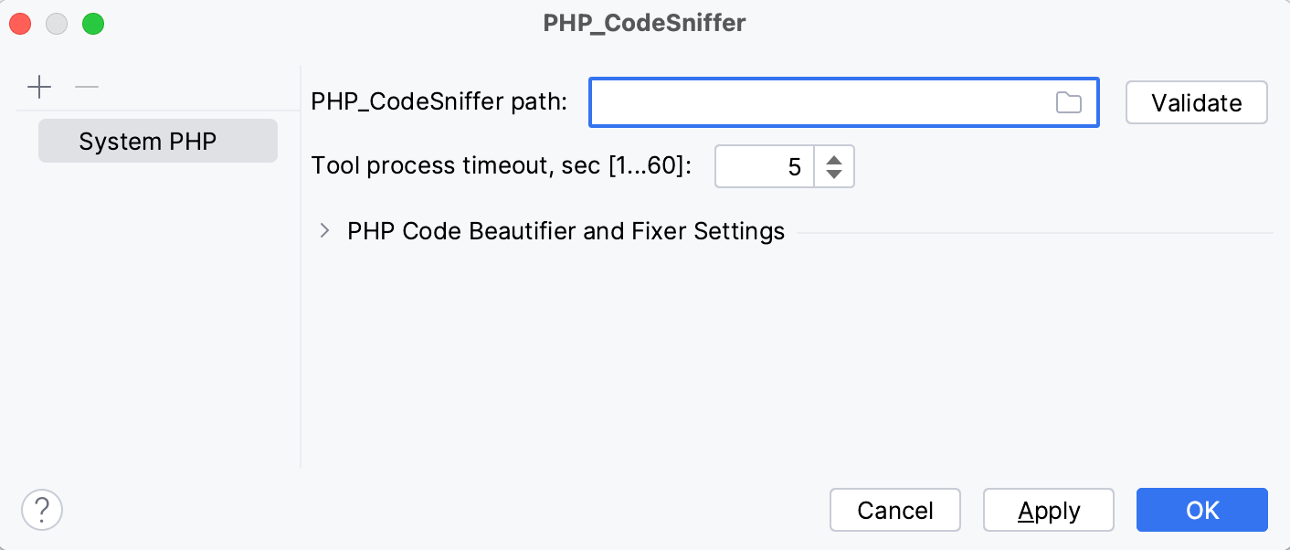 Empty PHP_CodeSniffer path field Empty PHP_CodeSniffer path field