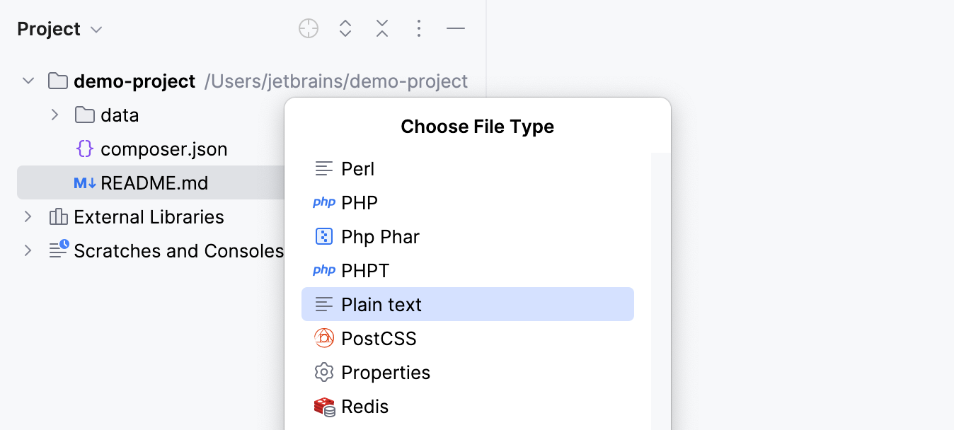 PhpStorm: Changing the file type from Project tool window PhpStorm: Changing the file type from Project tool window