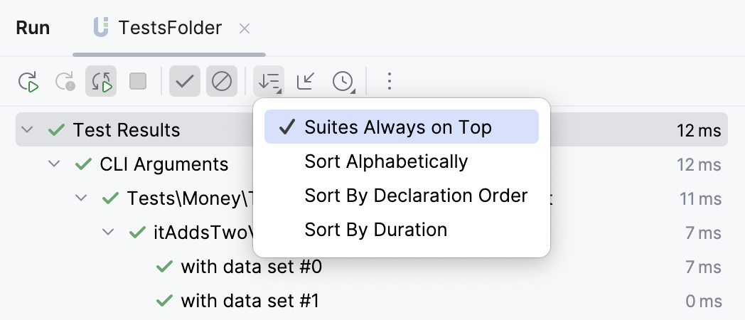 Filter test results options in the tests results toolbar Filter test results options in the tests results toolbar