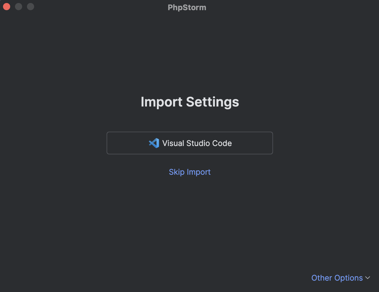 The Import Settings dialog with the cursor on the Visual Studio Code button The Import Settings dialog with the cursor on the Visual Studio Code button