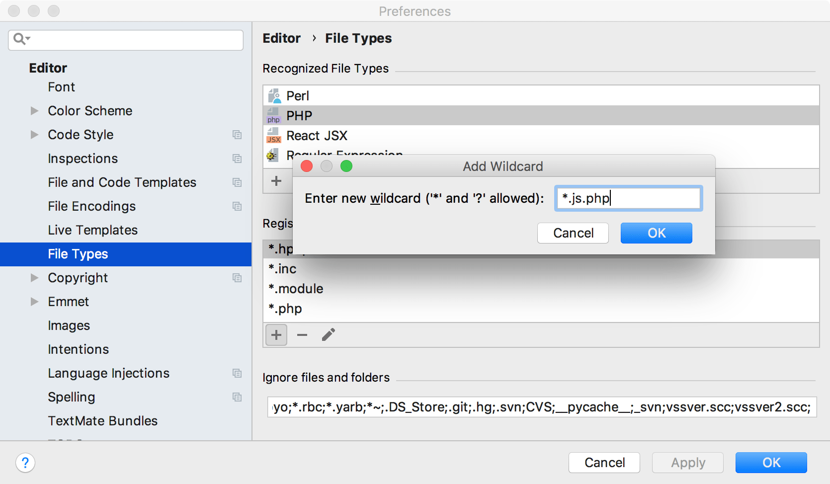 File types settings page File types settings page