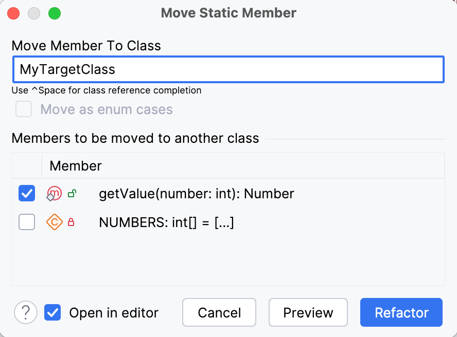 Move Static Member dialog Move Static Member dialog