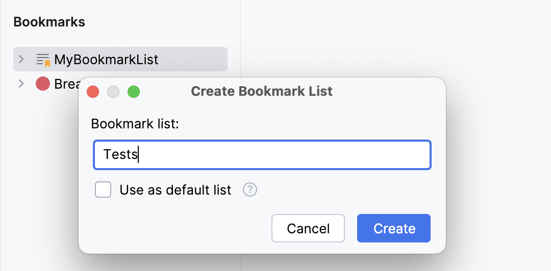Creating new bookmark list Creating new bookmark list