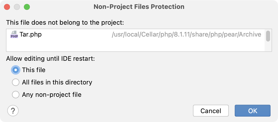 Non-Project Files Protection dialog Non-Project Files Protection dialog