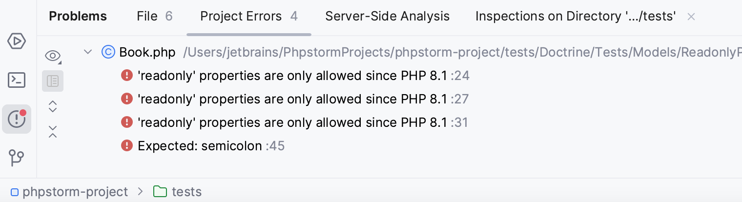 Project Errors tab Project Errors tab