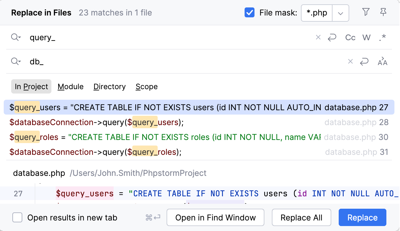 Replace in path dialog Replace in path dialog