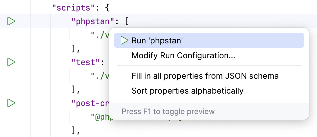the Run Composer Script intention action the Run Composer Script intention action