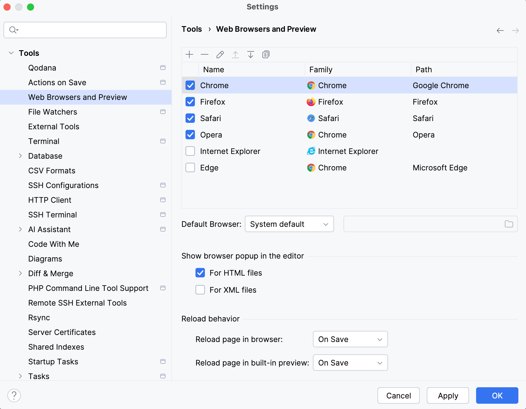 The Web Browsers page in Settings The Web Browsers page in Settings