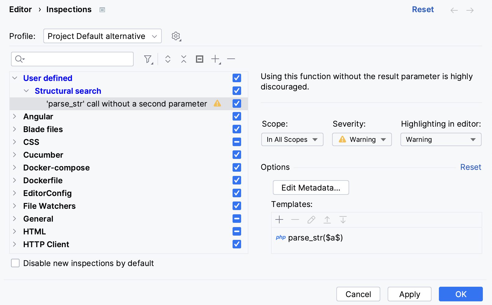 Custom inspection shown in the list of inspections Custom inspection shown in the list of inspections
