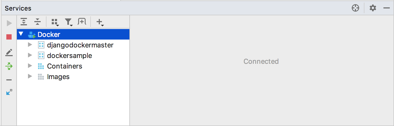 The Services tool window, connected to Docker The Services tool window, connected to Docker