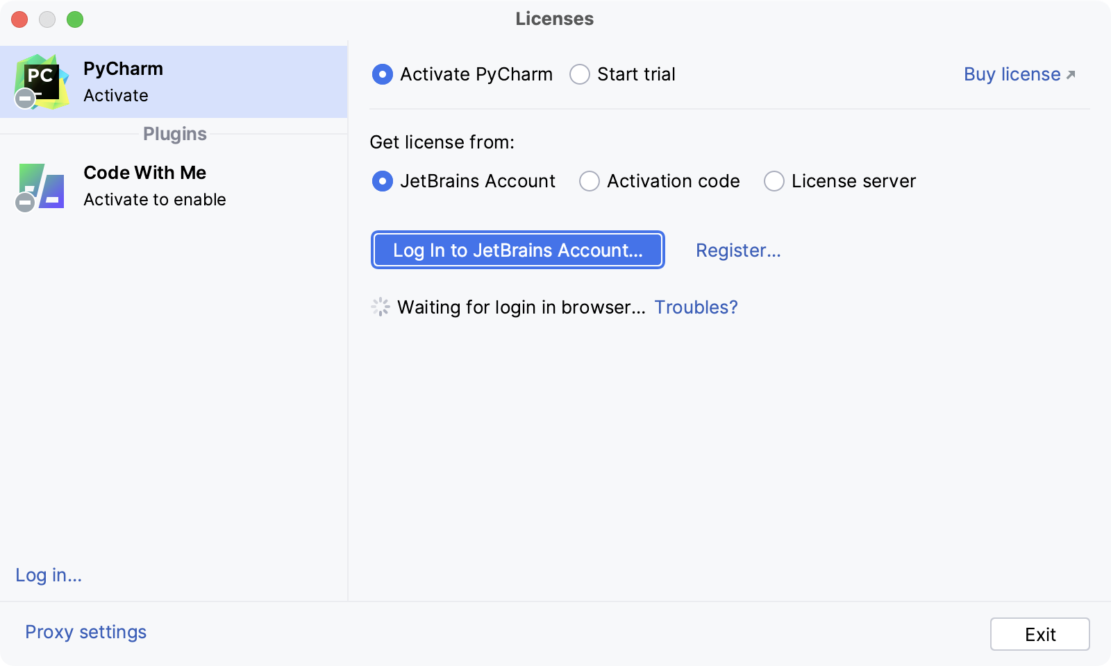 使用 JetBrains 帐户激活 PyCharm 许可证 使用 JetBrains 帐户激活 PyCharm 许可证