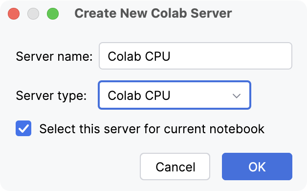 Create Colab server dialog