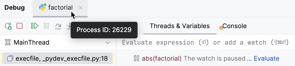 在调试工具窗口中将鼠标悬停在会话选项卡上时,会显示包含进程 ID 的工具提示 在调试工具窗口中将鼠标悬停在会话选项卡上时,会显示包含进程 ID 的工具提示