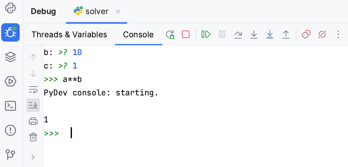 Using a Python prompt in the debug console Using a Python prompt in the debug console