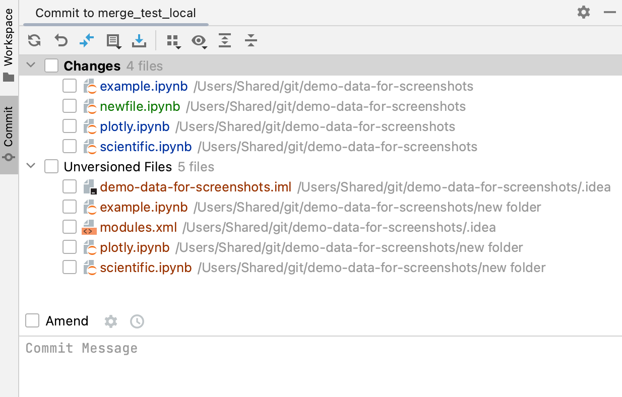 Files with various statuses in the Commit tool window Files with various statuses in the Commit tool window