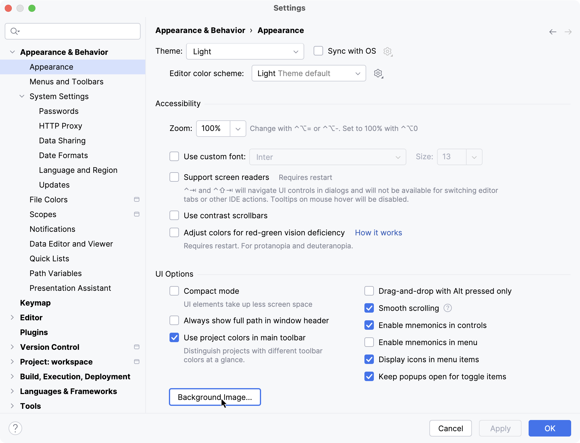 “外观设置”中的“背景图像”按钮
