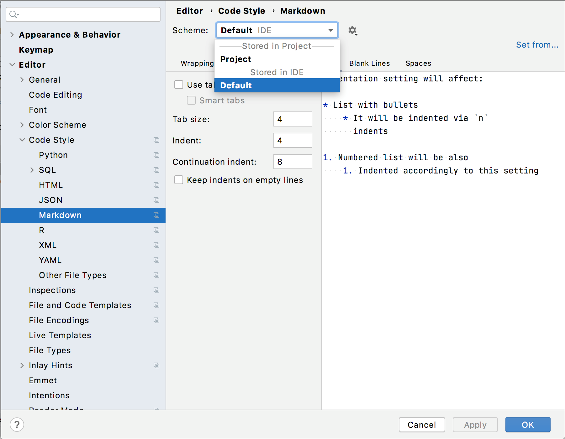 Select a scheme for the code style settings Select a scheme for the code style settings