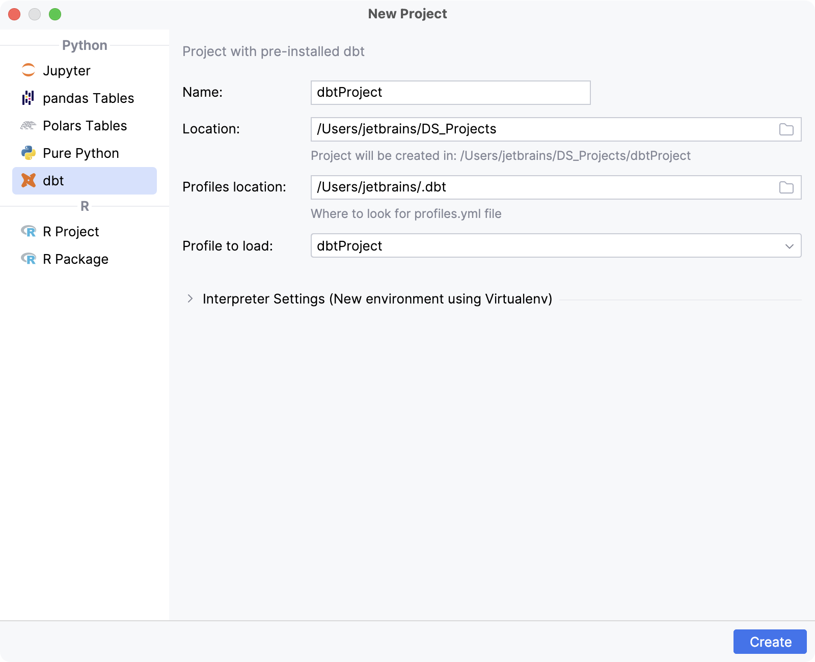 正在创建 dbt 项目