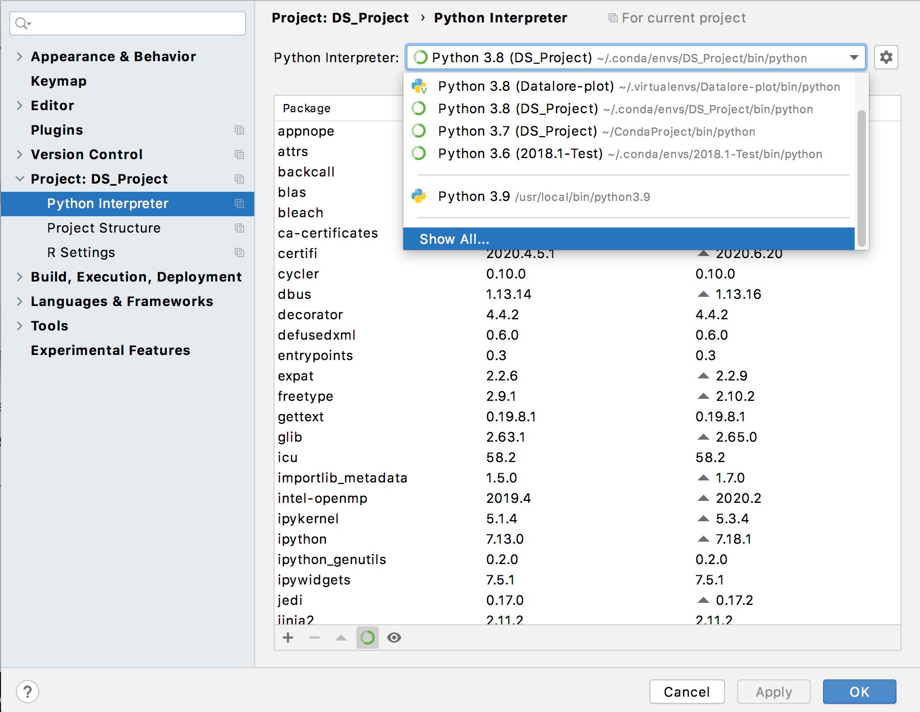 显示所有可用的解释器