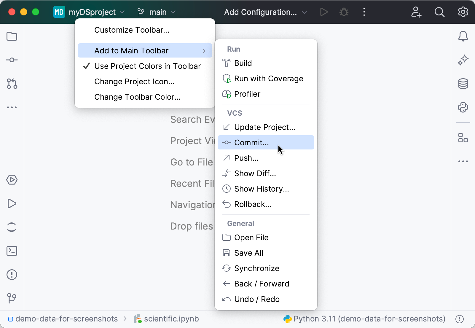 Adding actions to main toolbar Adding actions to main toolbar