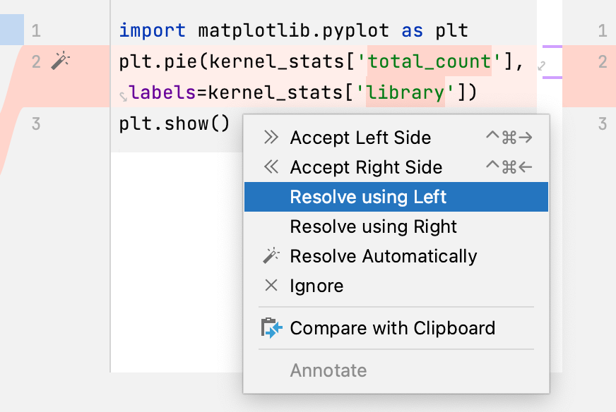 冲突更改的上下文菜单