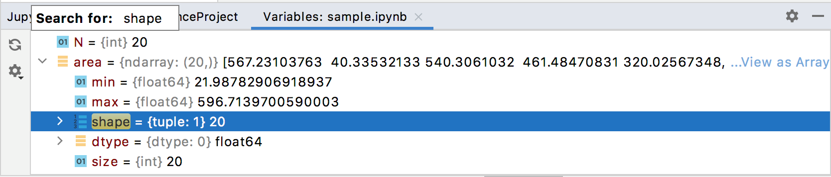 工具窗口中的快速搜索