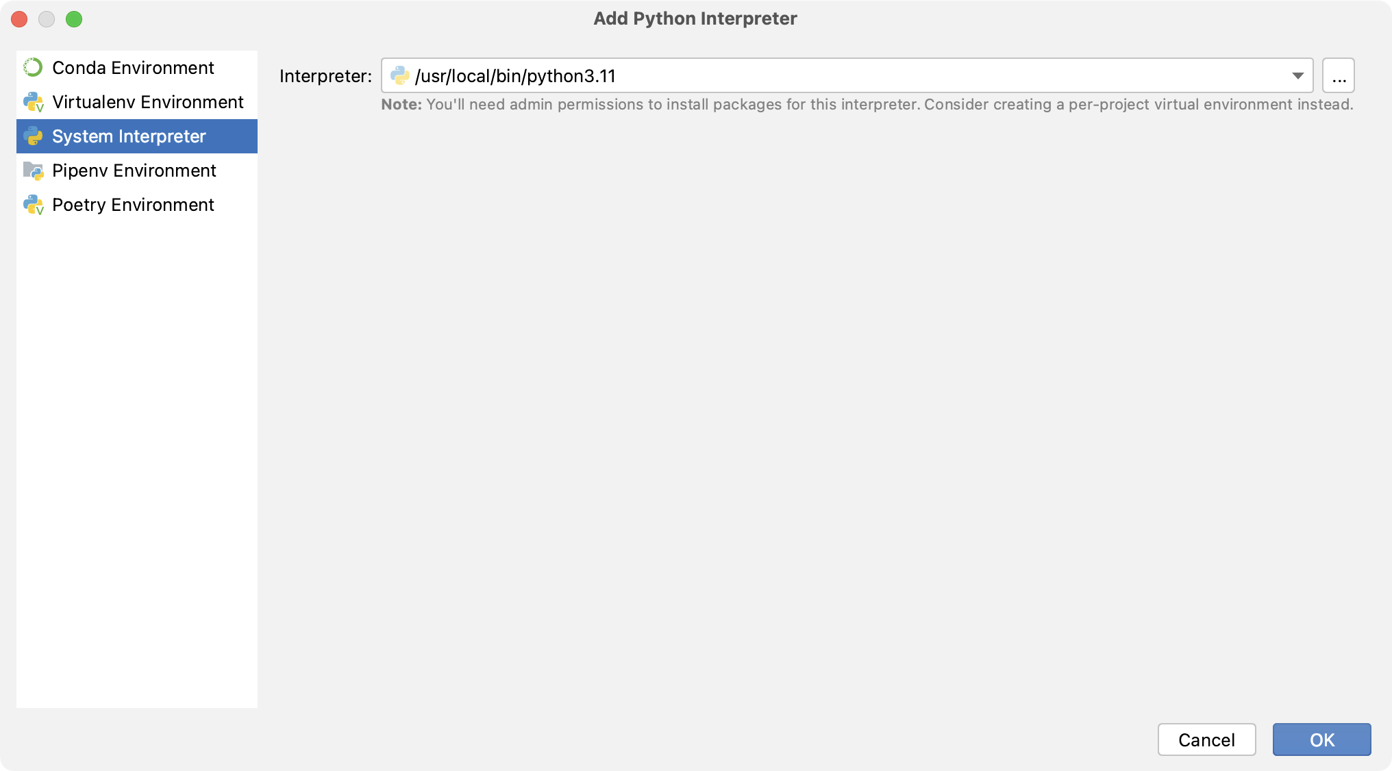 Adding a system interpreter Adding a system interpreter