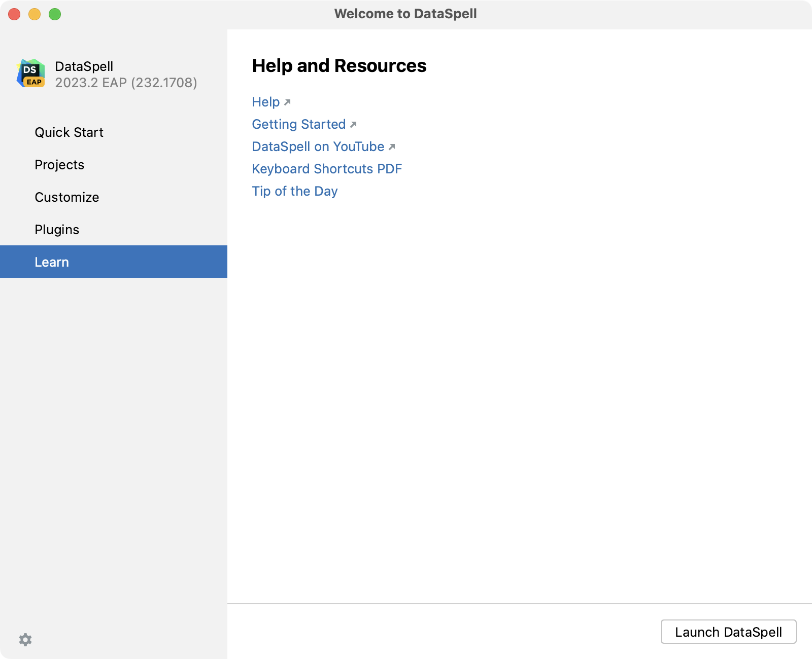Welcome screen: learn DataSpell Welcome screen: learn DataSpell