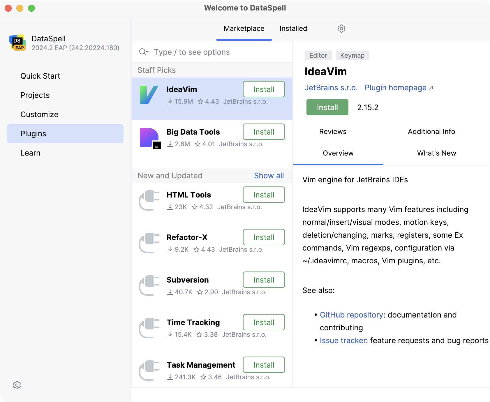 Plugin tab on the Welcome screen Plugin tab on the Welcome screen