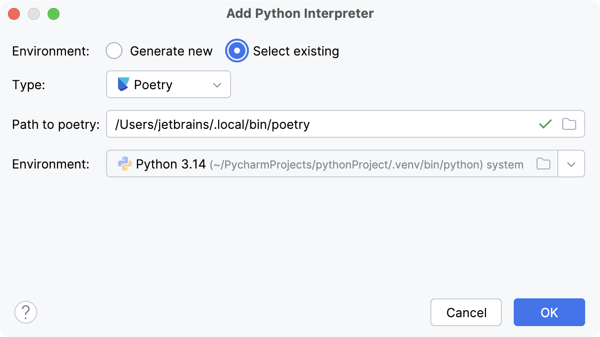 Select existing poetry environment
