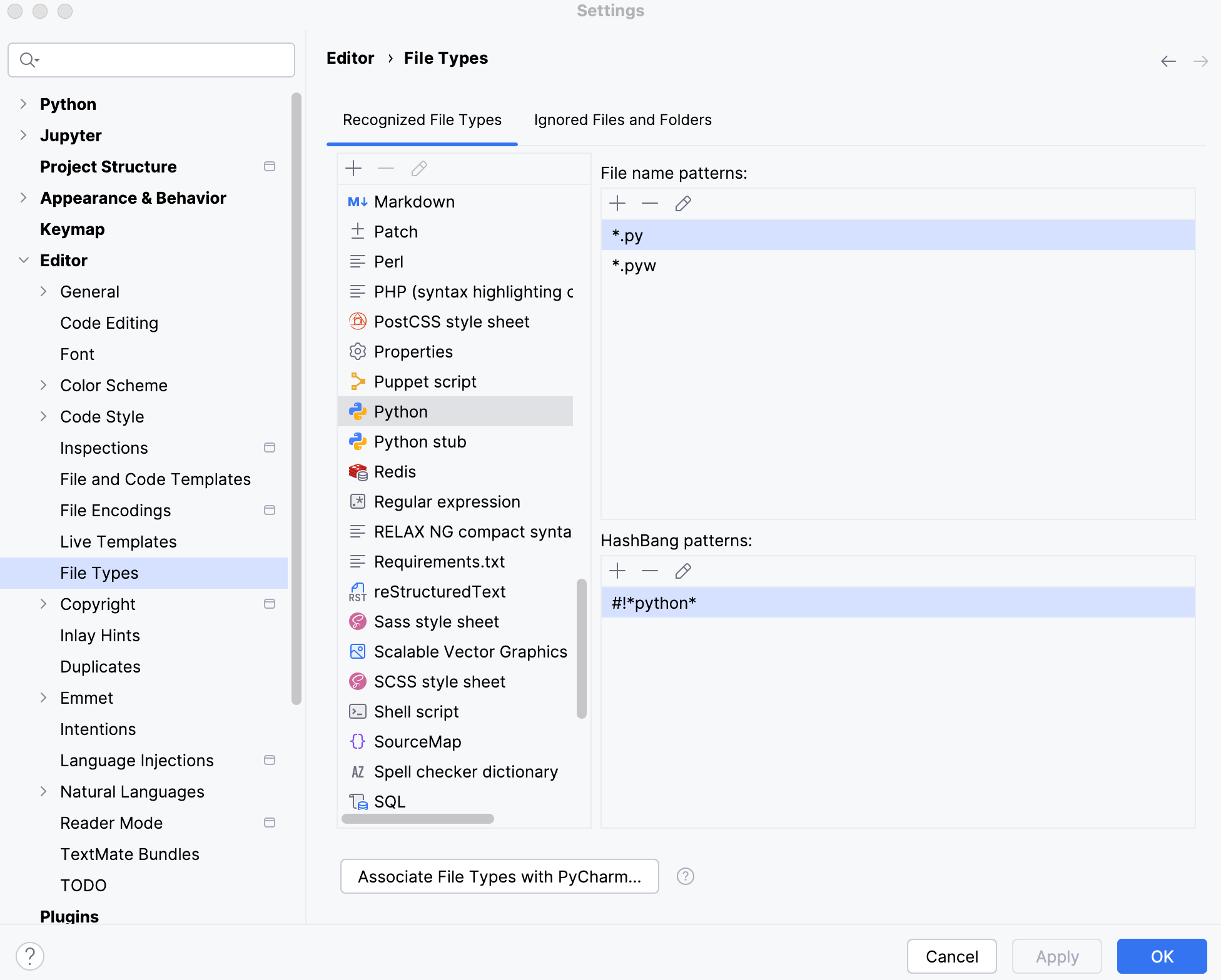 Recognized FIle Types in the Settings dialog