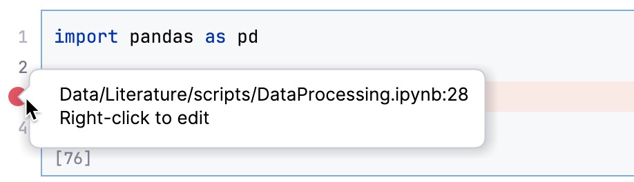 Different types of breakpoints in the editor